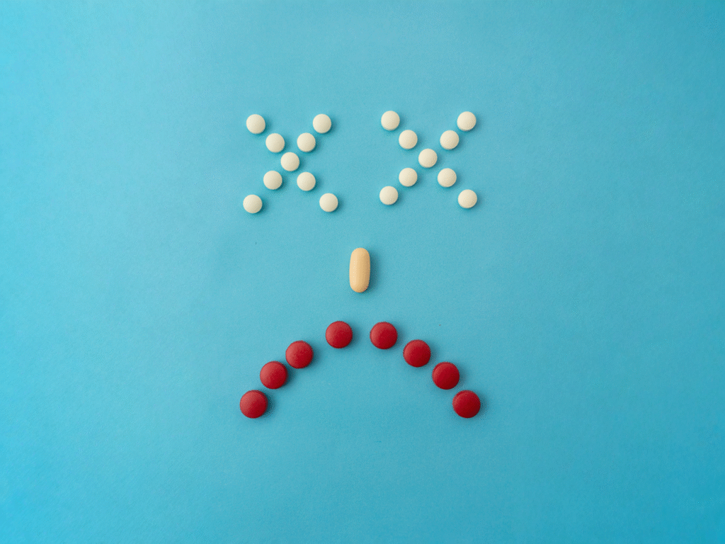 Assorted pills arranged on a blue background to form a sad face, with white tablets forming crossed-out eyes and red tablets forming a frown, symbolizing medication side effects or drug failure.